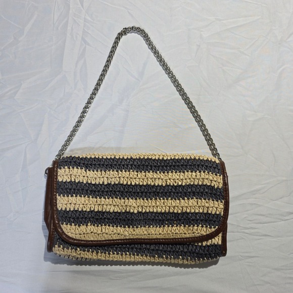 Straw Studios Handbags - Straw Studios Woven Striped Chain Shoulder Bag Navy Cream Nautical Clutch